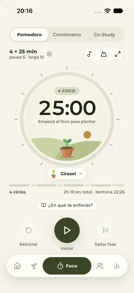 Pantalla de foco con la planta creciendo en el reloj