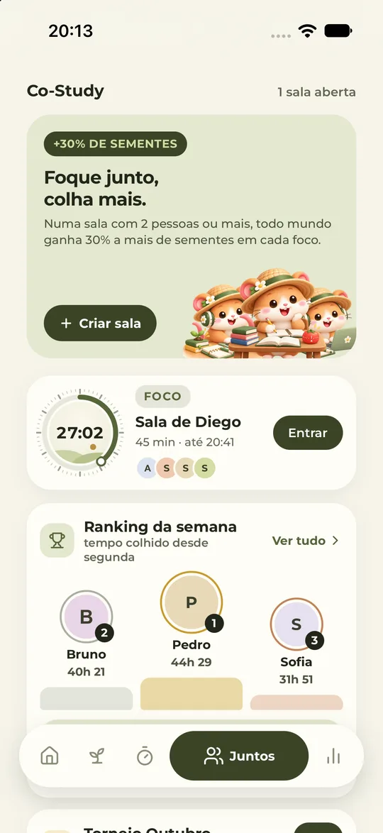 Salas ao vivo com o relógio de cada sala